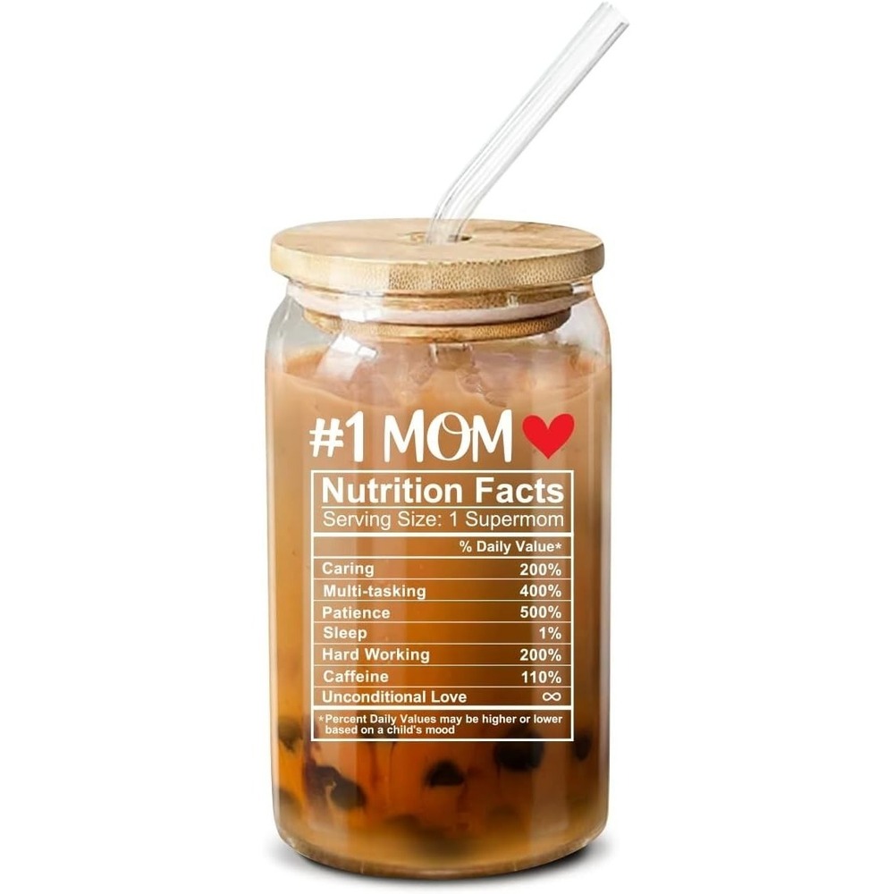 New Eleven #1 Mom Nutrition Facts Glass‎ Iced Coffee Tumbler Bamboo Lid Straw